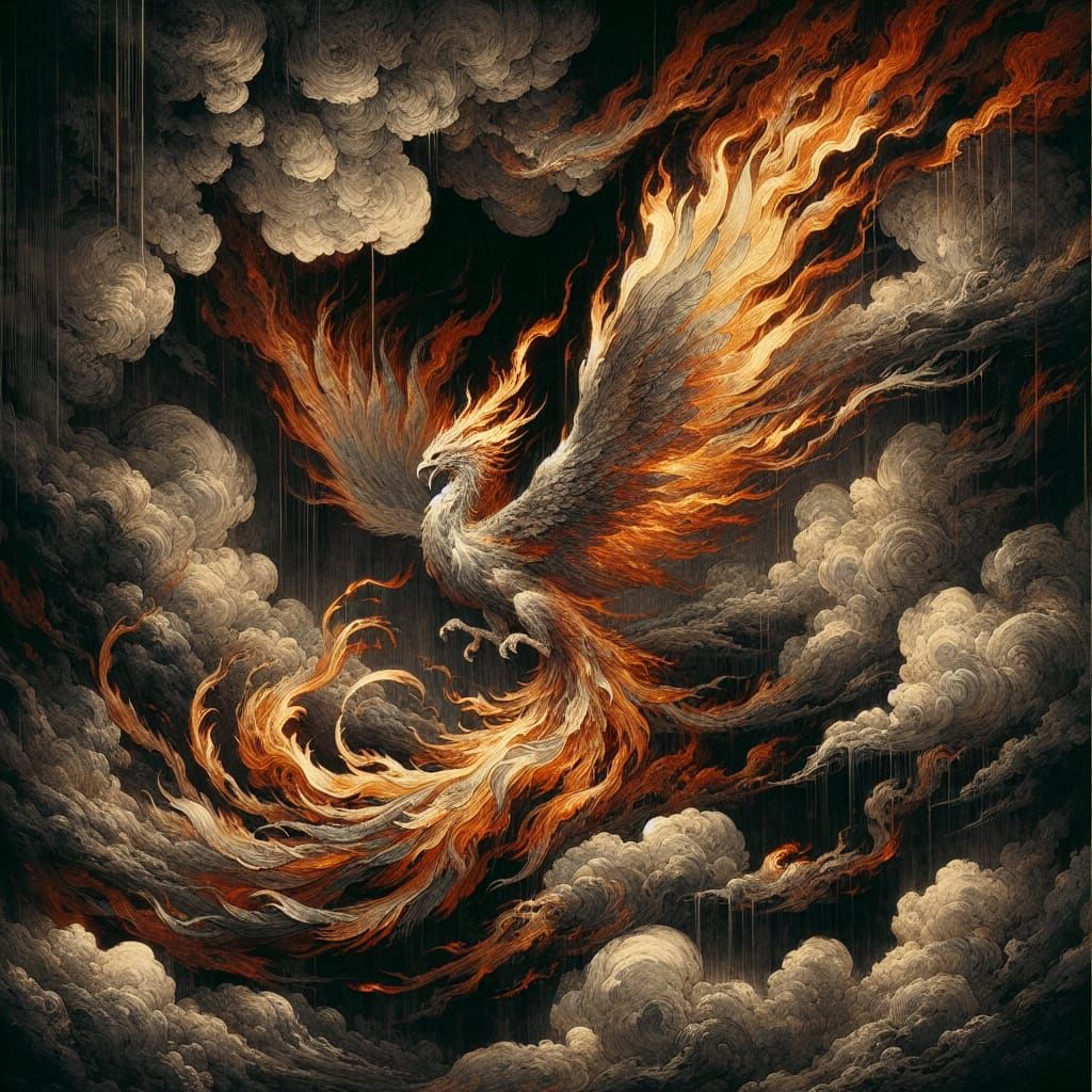 Phoenix Emerges from Flames in Japanese Ink Style