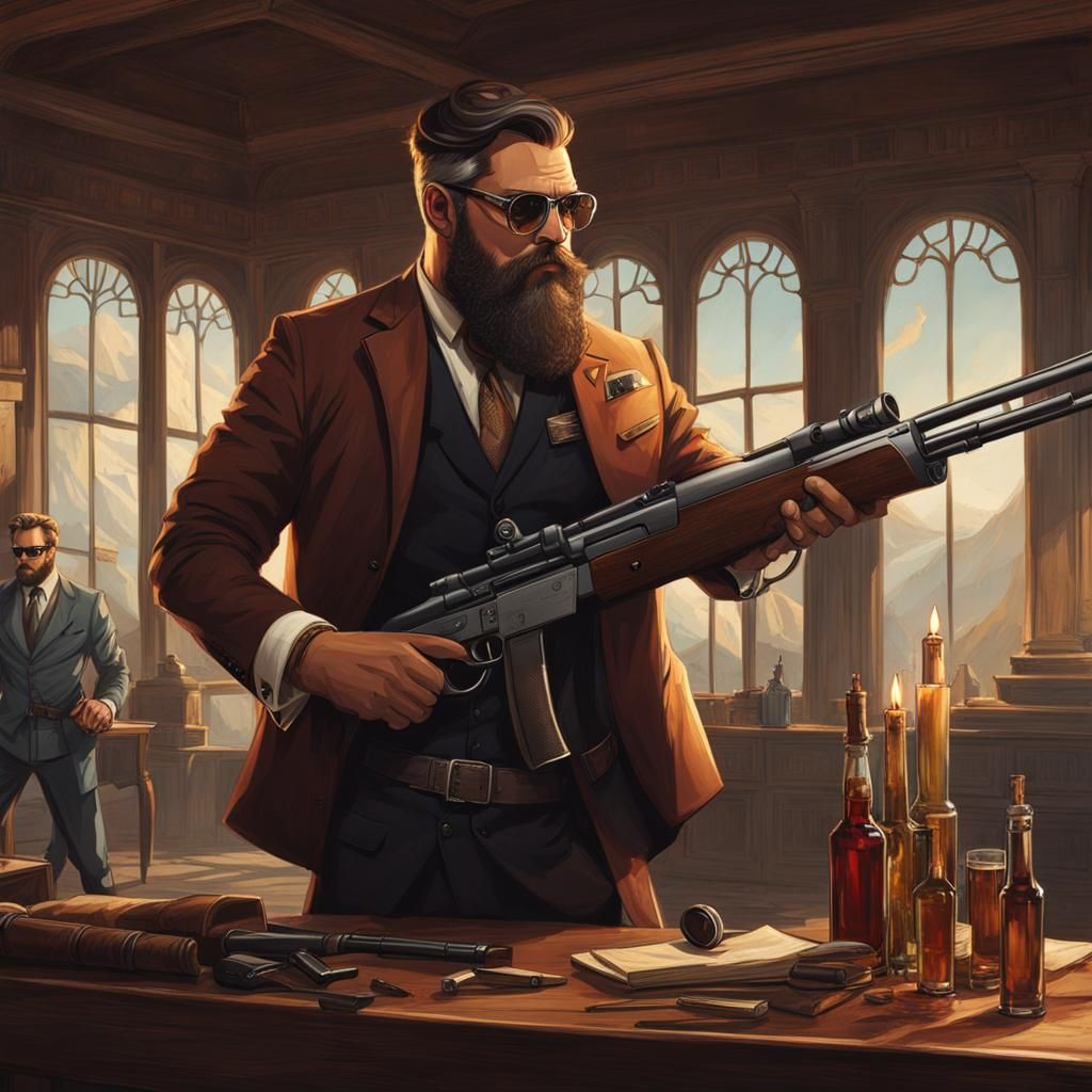 Bearded Man with Rifle and Glasses Portrait