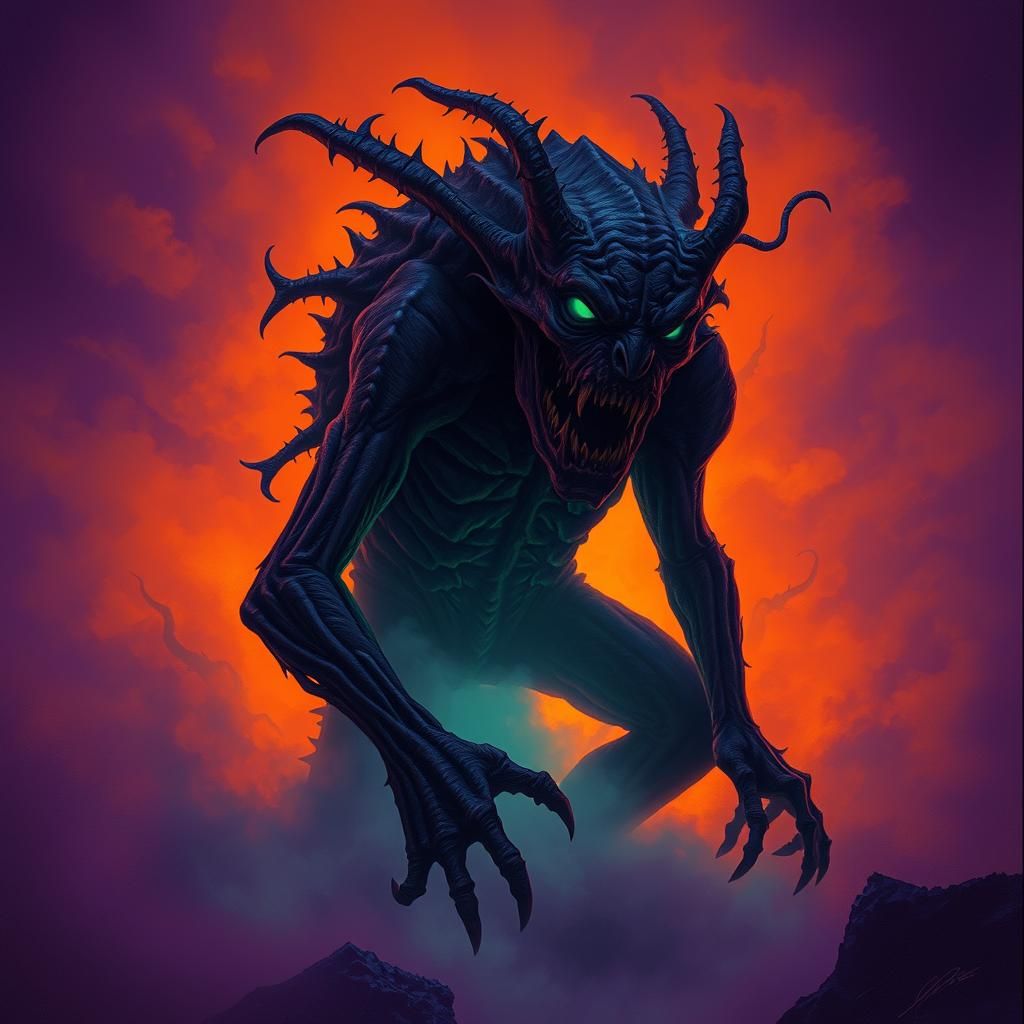 Eerie Monster Emerges from Mist in Gothic Fantasy Style