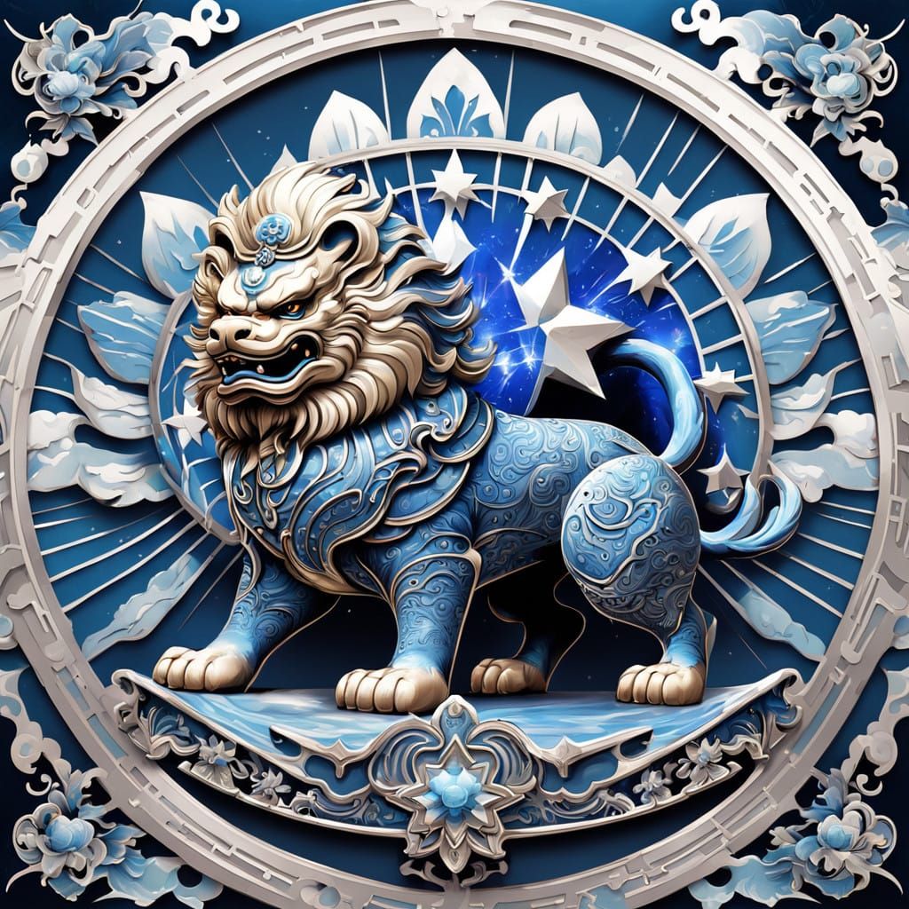Stunning Blue Chinese Foo Dog in Art Nouveau Style with Silv...