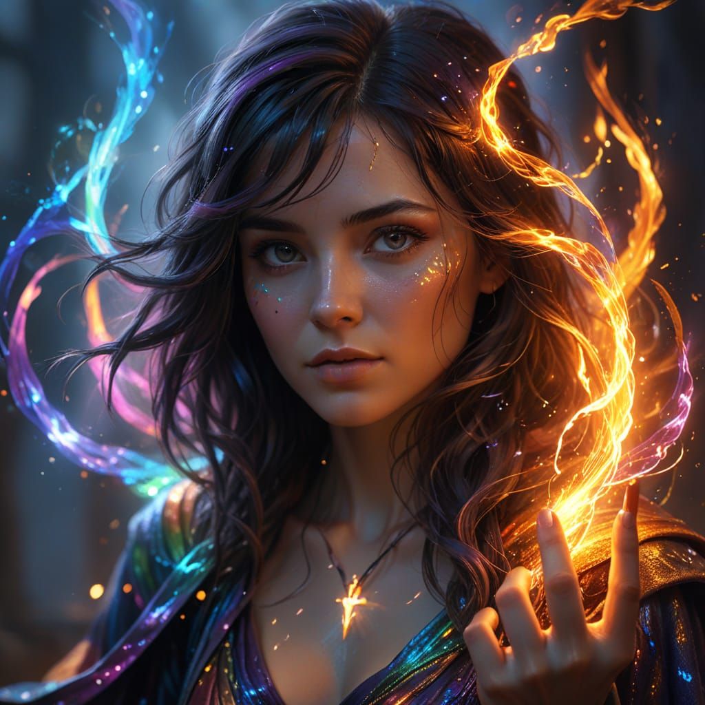 Sorceress Radiating Rainbow Plasma Arcs: Digital Art