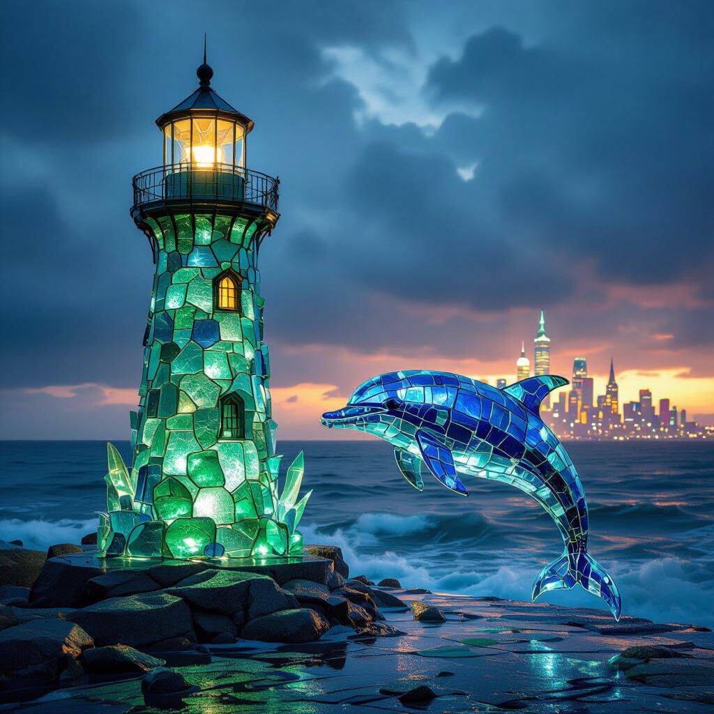 Mystical Sea Glass Lighthouse and Dolphin Sculpture