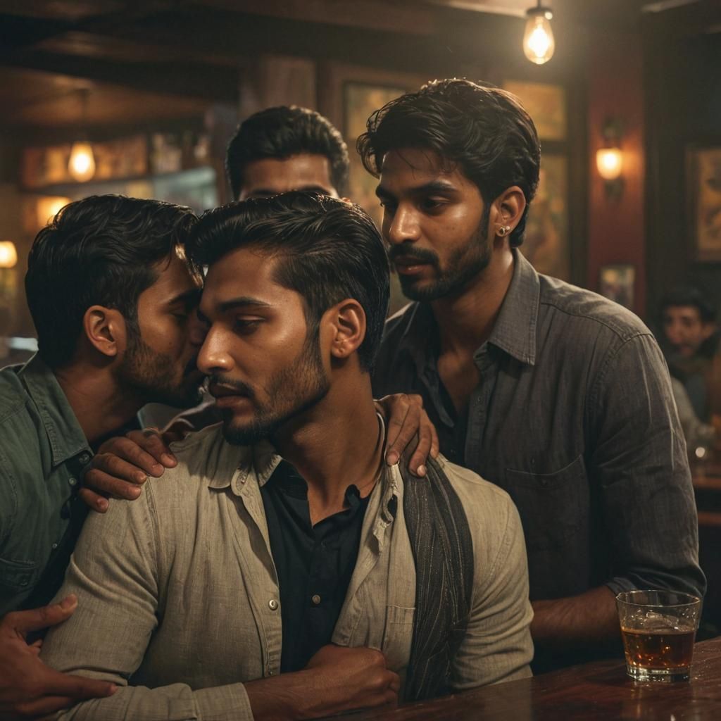 Intimate Moment: Indian Men Embracing in Dramatic Lighting