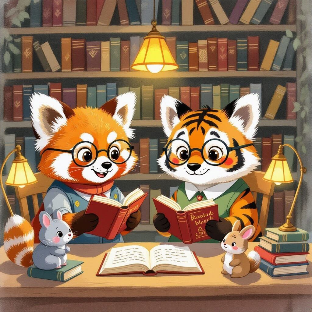 Red Panda and Tiger Librarians in Cozy Library
