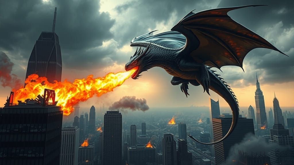 Majestic Black Dragon Soars Through Ruined Cityscape in Stor...