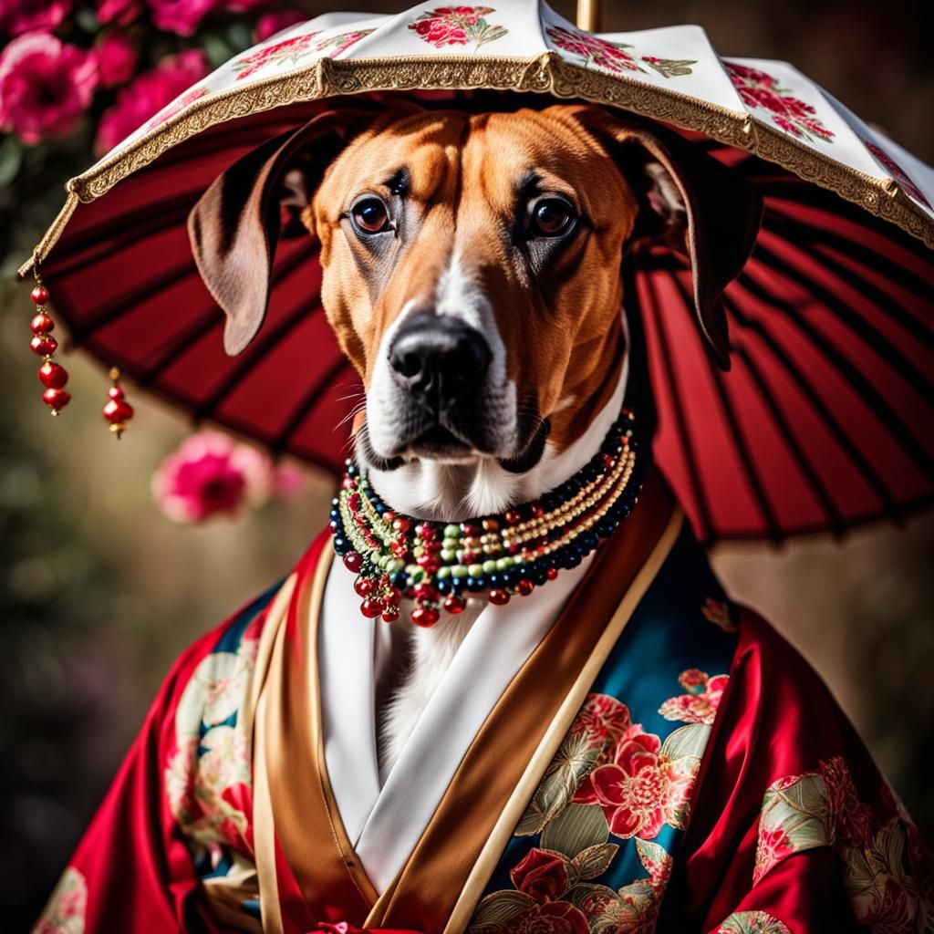 a female Rhodesian Ridgeback dressed in traditional Geisha a...