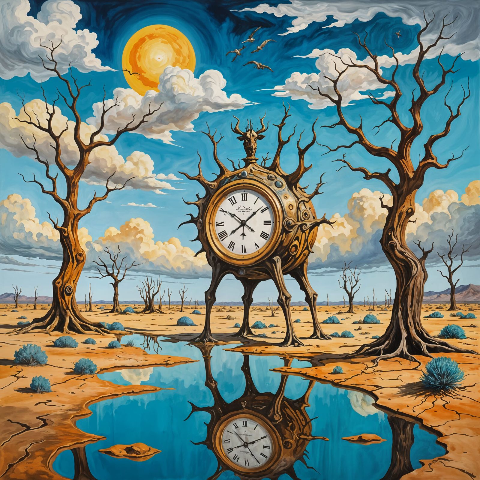 Surreal Desert Scene with Melting Clocks: Gouache Style
