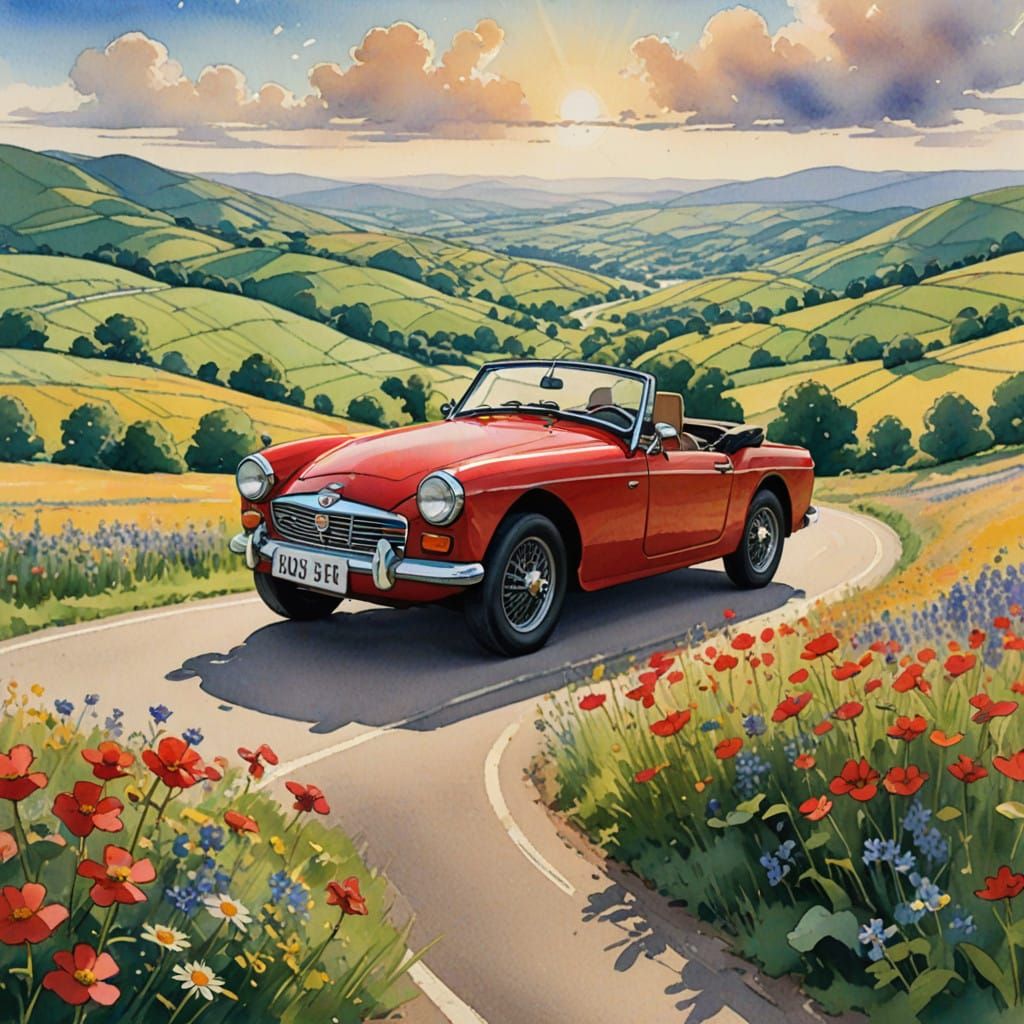 Nostalgic Red MG Midget Convertible Amidst Lush Countryside