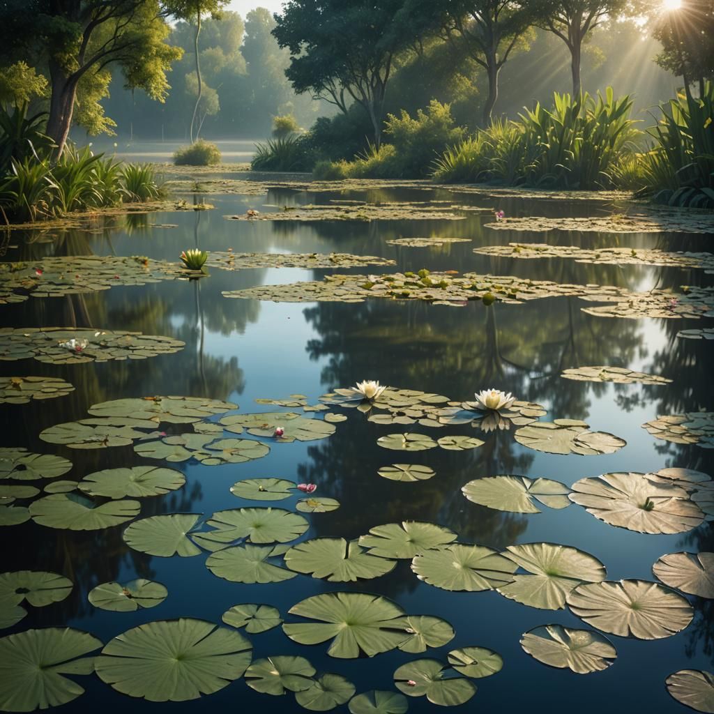 Serene Morning Scene with Lily Pads in Soft Light