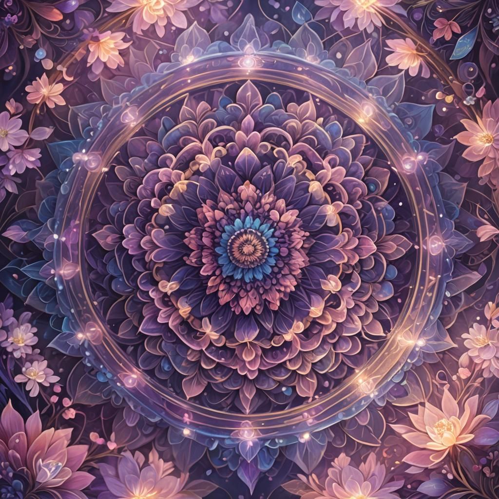 Floral Mandala Fantasy Art in Purples and Pinks