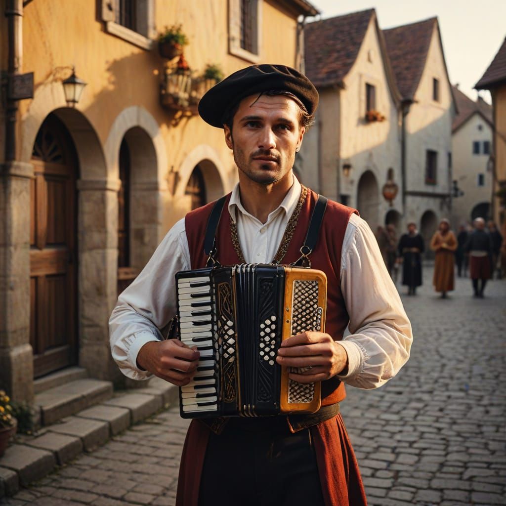 Accordion Player in Medieval Village Square, Romantic Style