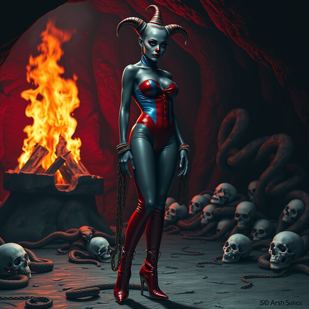 Gothic Dark-Skinned Female Clown in Chains, Amidst a Hauntin...