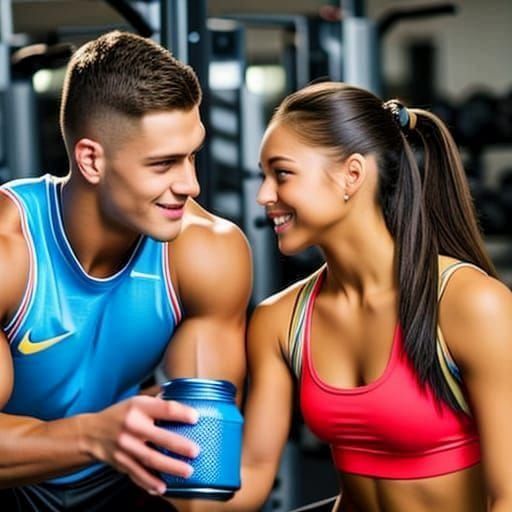 Young Couple Sharing Drink at Gym, Professional Photo