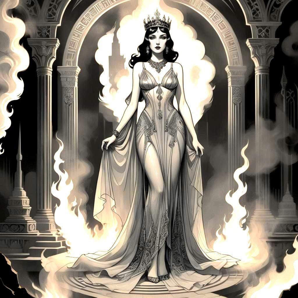 Ayesha in Temple Fire, Art Deco Pencil Sketch