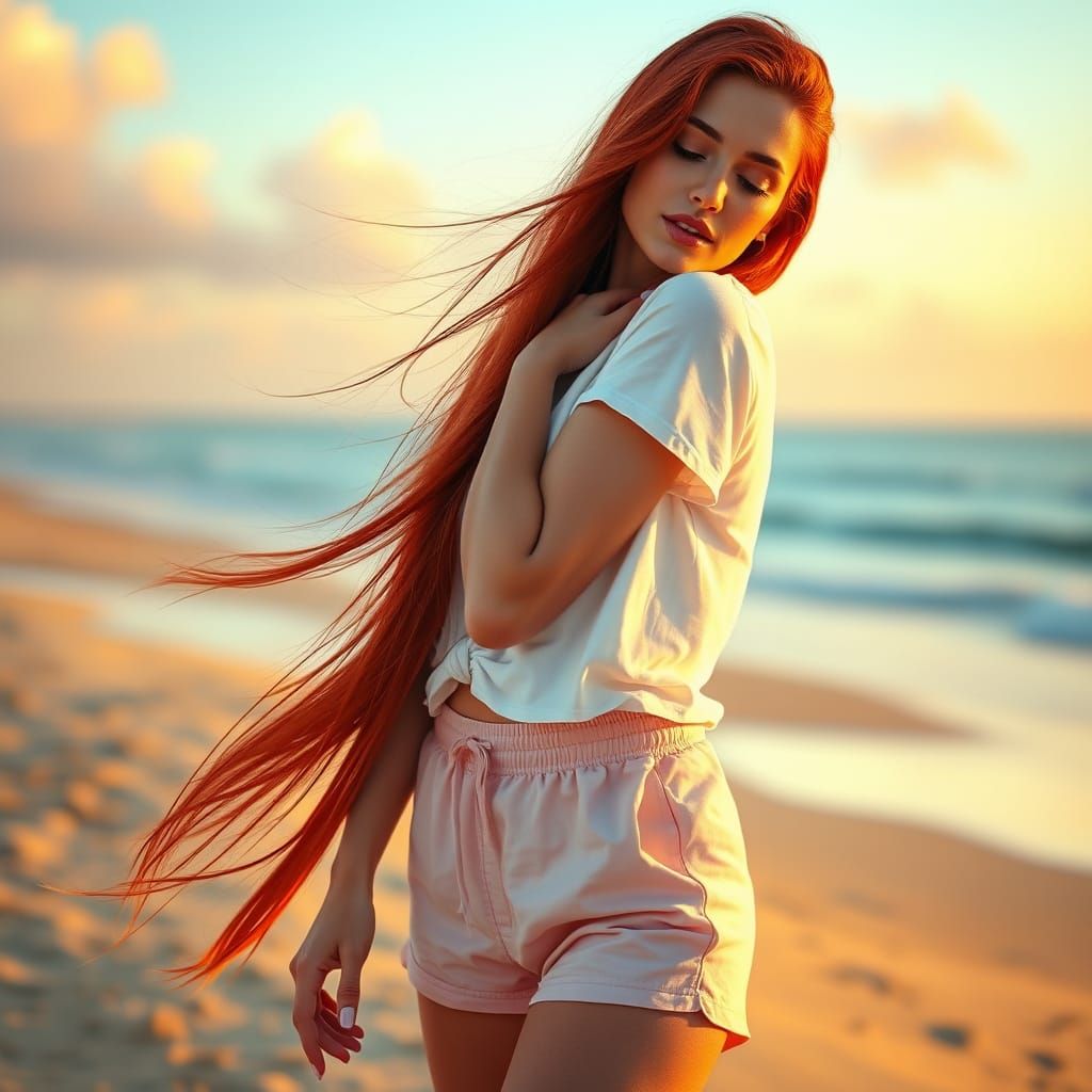 a beautiful WOMAN with long, flowing crimson red hair, weari...