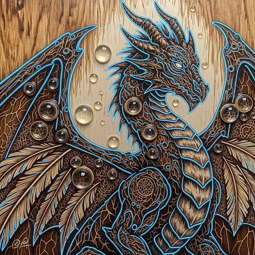 Dragon Lichtenberg Wood Burning in Chiaroscuro Neonism Style