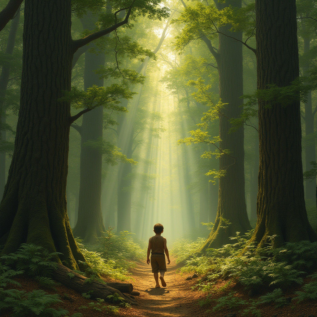 Boy Walking Through Forest Landscape