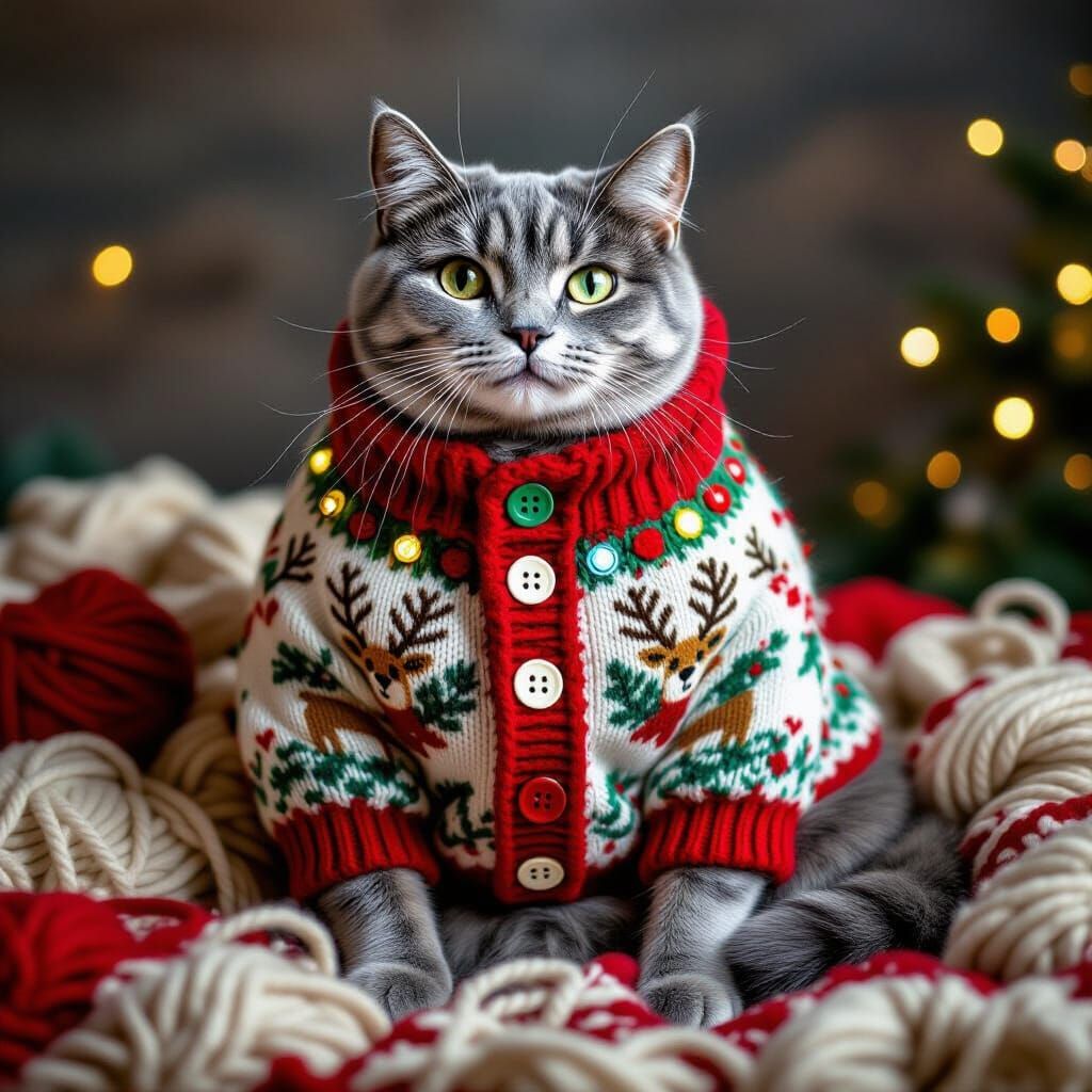 Cat in Festive Sweater with Goofy Buttons