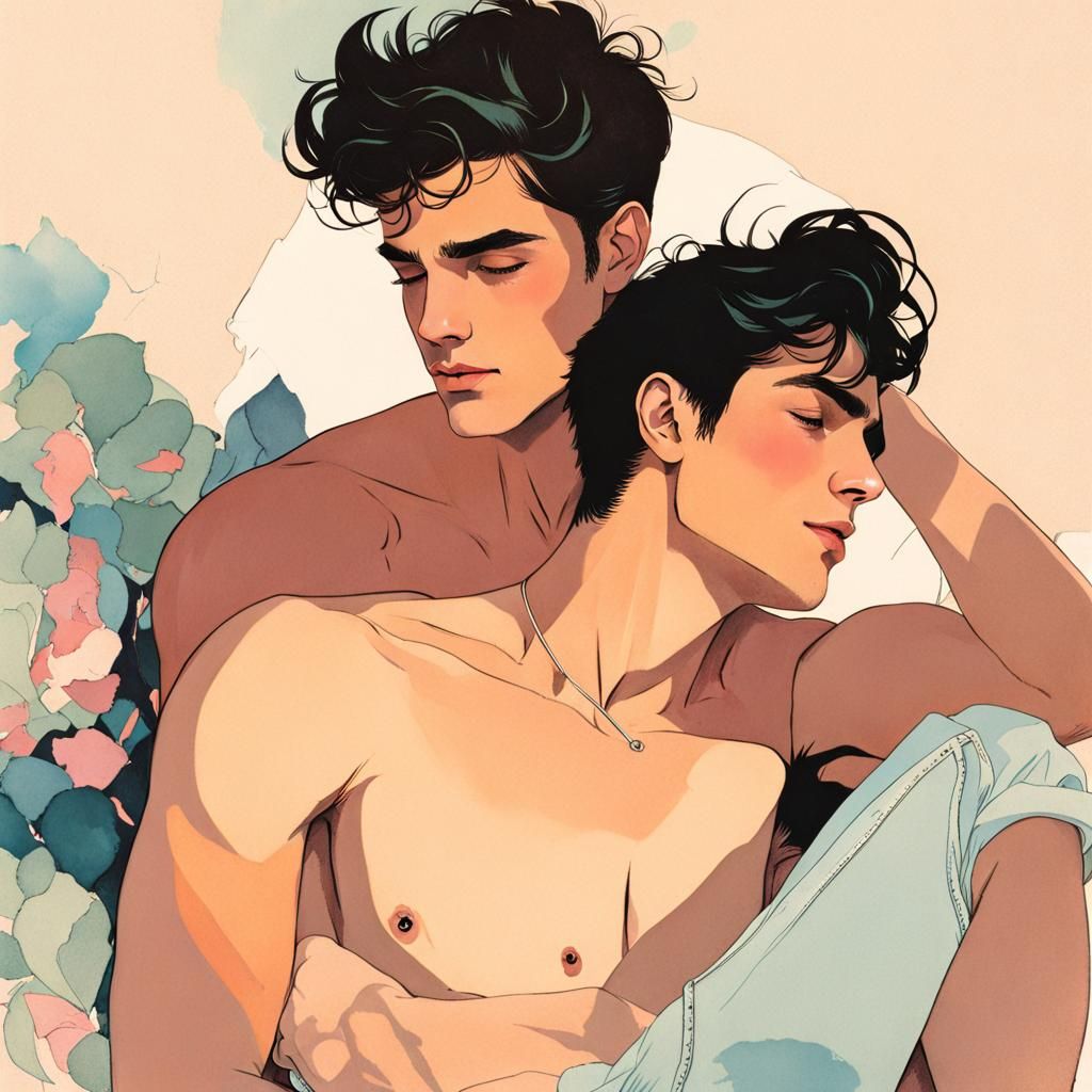 Romantic Embrace of a Gay Couple in Soft Colors
