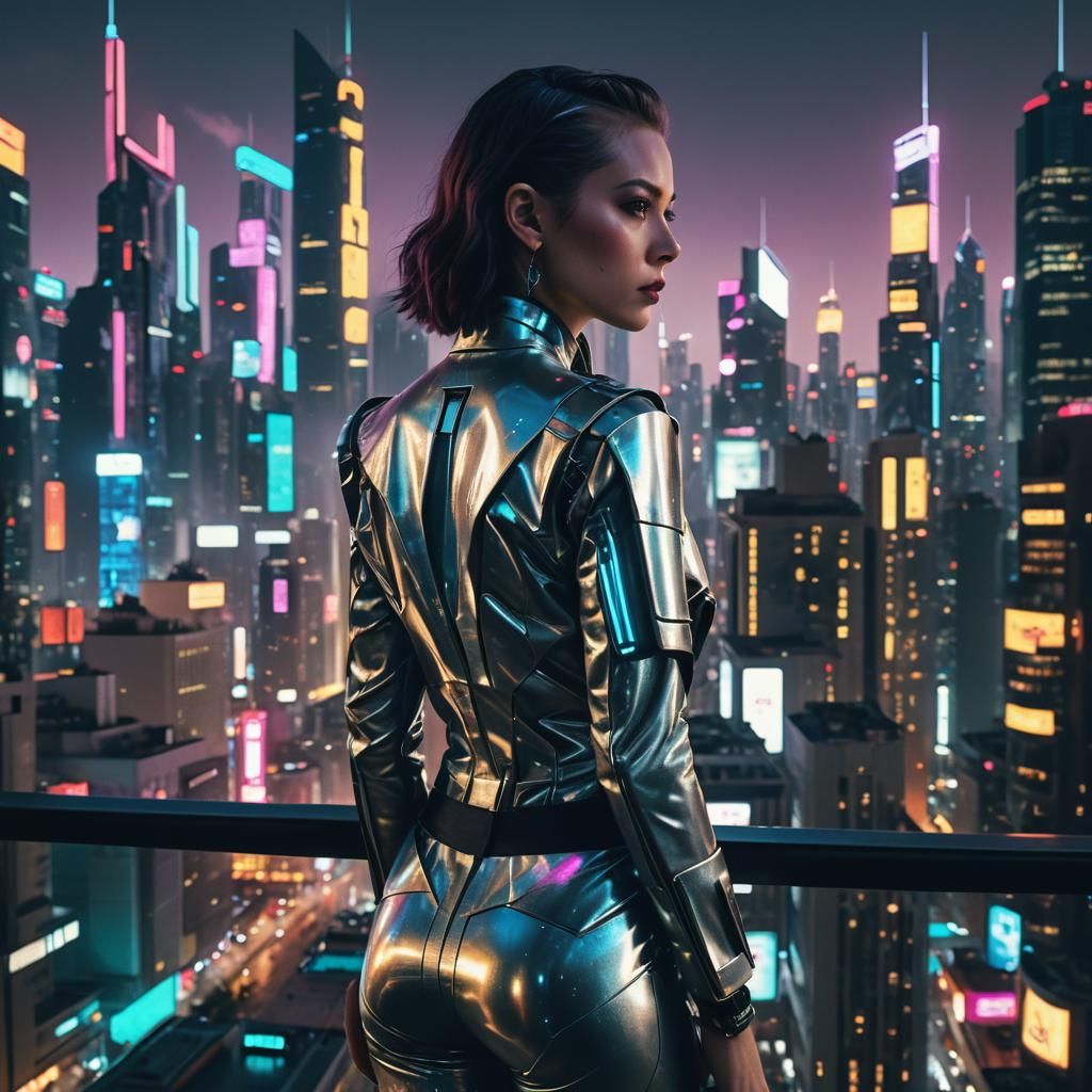 Cyberpunk Woman on Balcony in Neon Cityscape