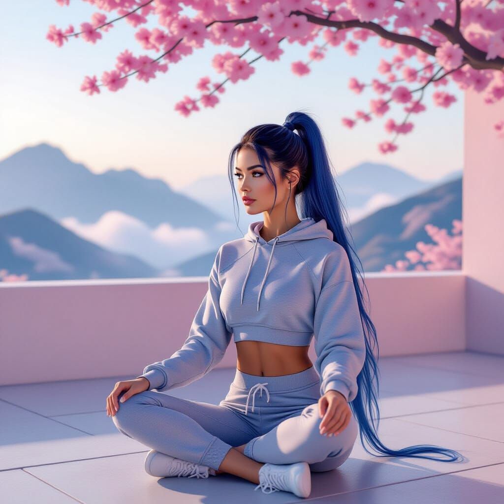 Serene Sunrise Over Misty Mountains with Pink Blossoms