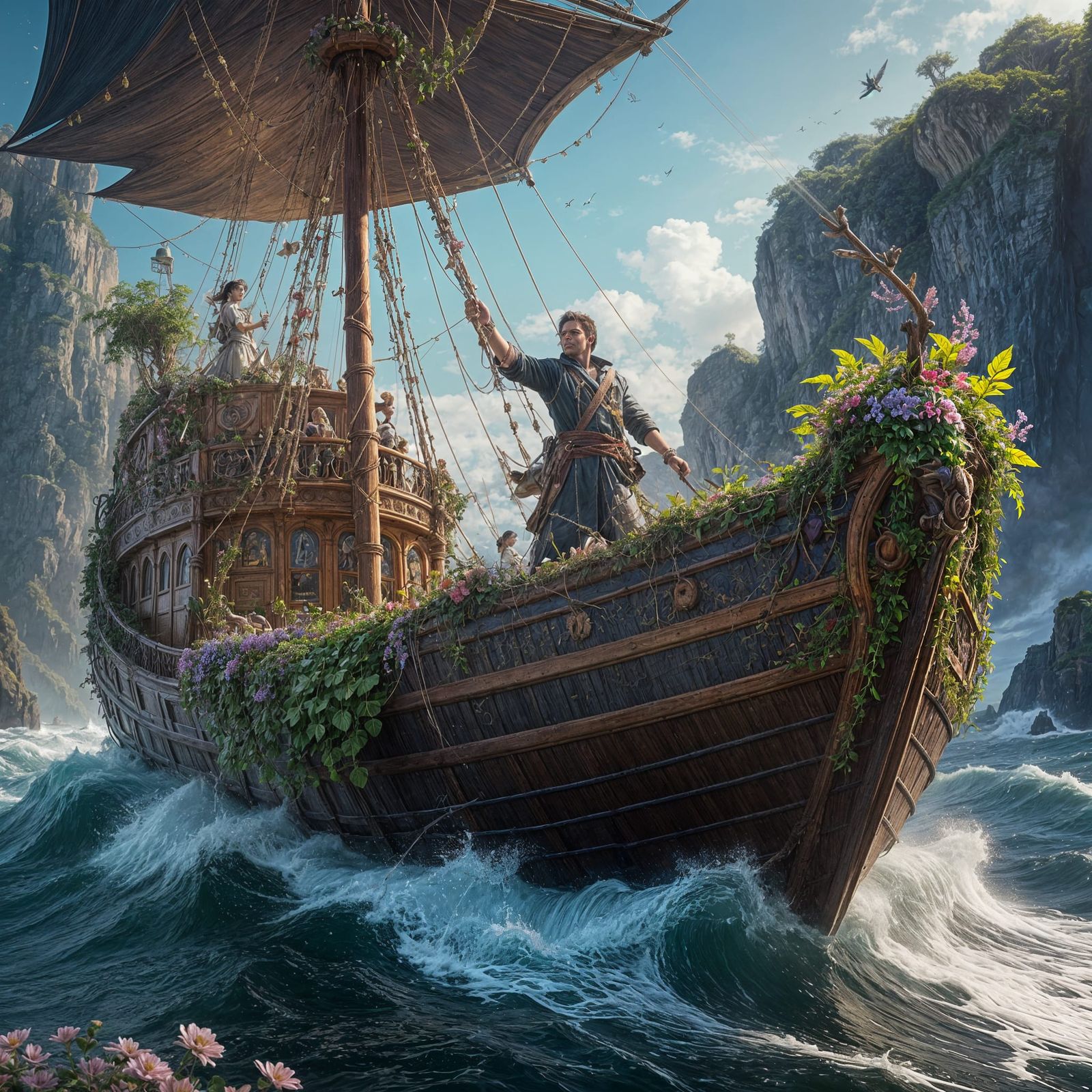 Majestic Veneered Fantasy Vessel Rides the Stormy Waves