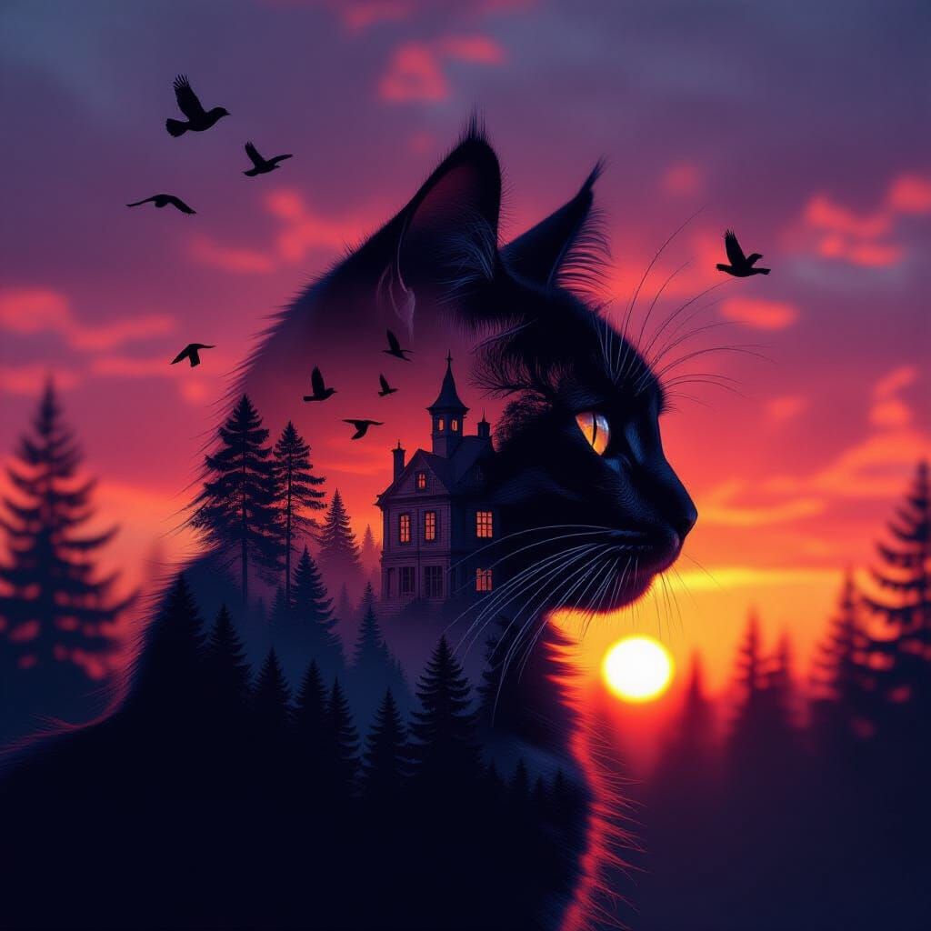 Cat Silhouette Double Exposure with Forest Sunset and Mansio...