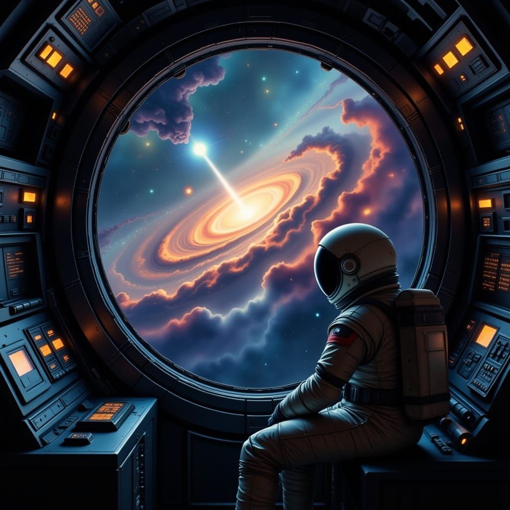 Astronaut Gazes at Swirling Nebula in Retro Spaceship