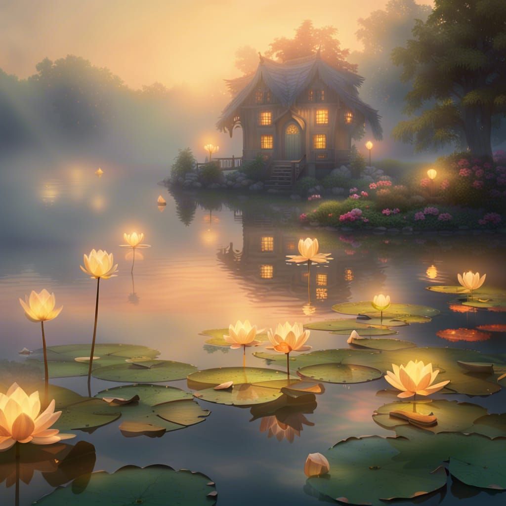 Mist Fairies Lighting Lanterns on Lake in Watercolor