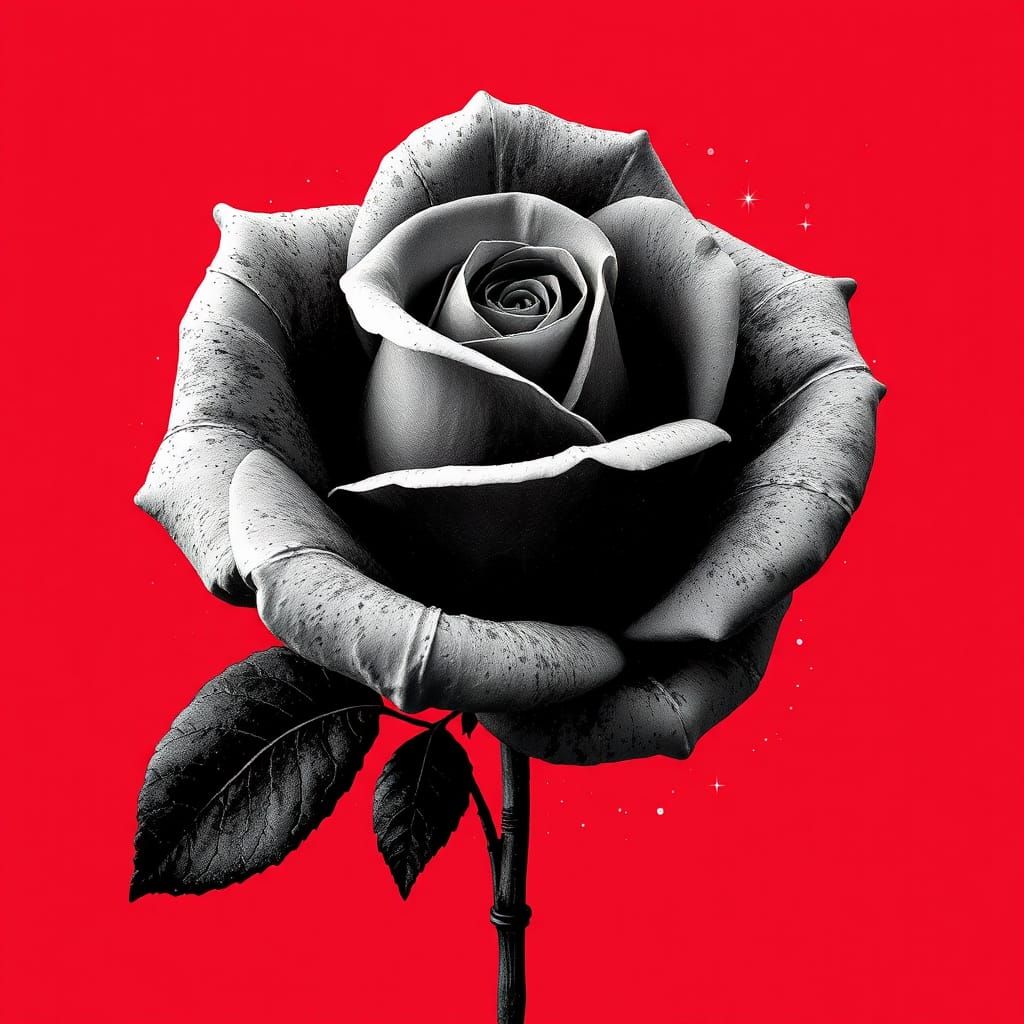 Abstract Black and White Rose on Red