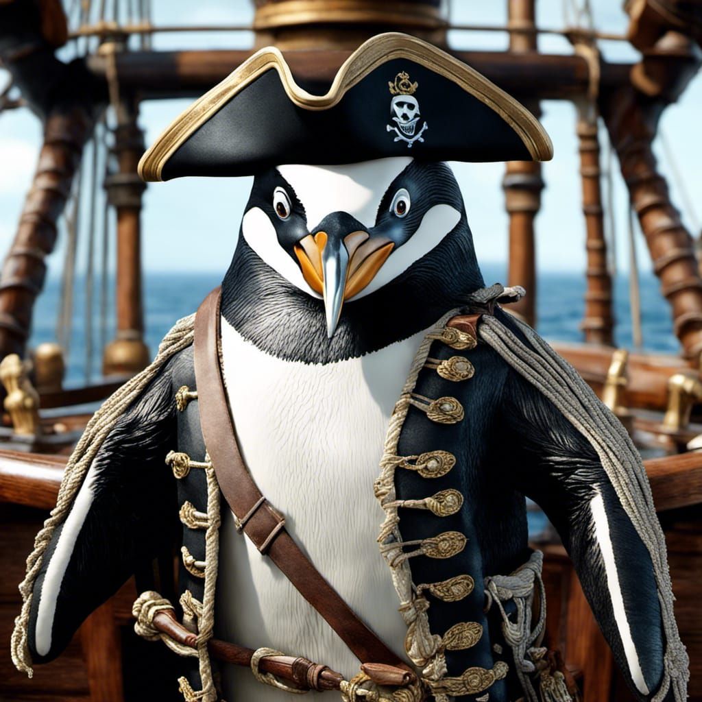 Pirate Penguins Sailing the Black Pearl: Hyperrealistic Deta...