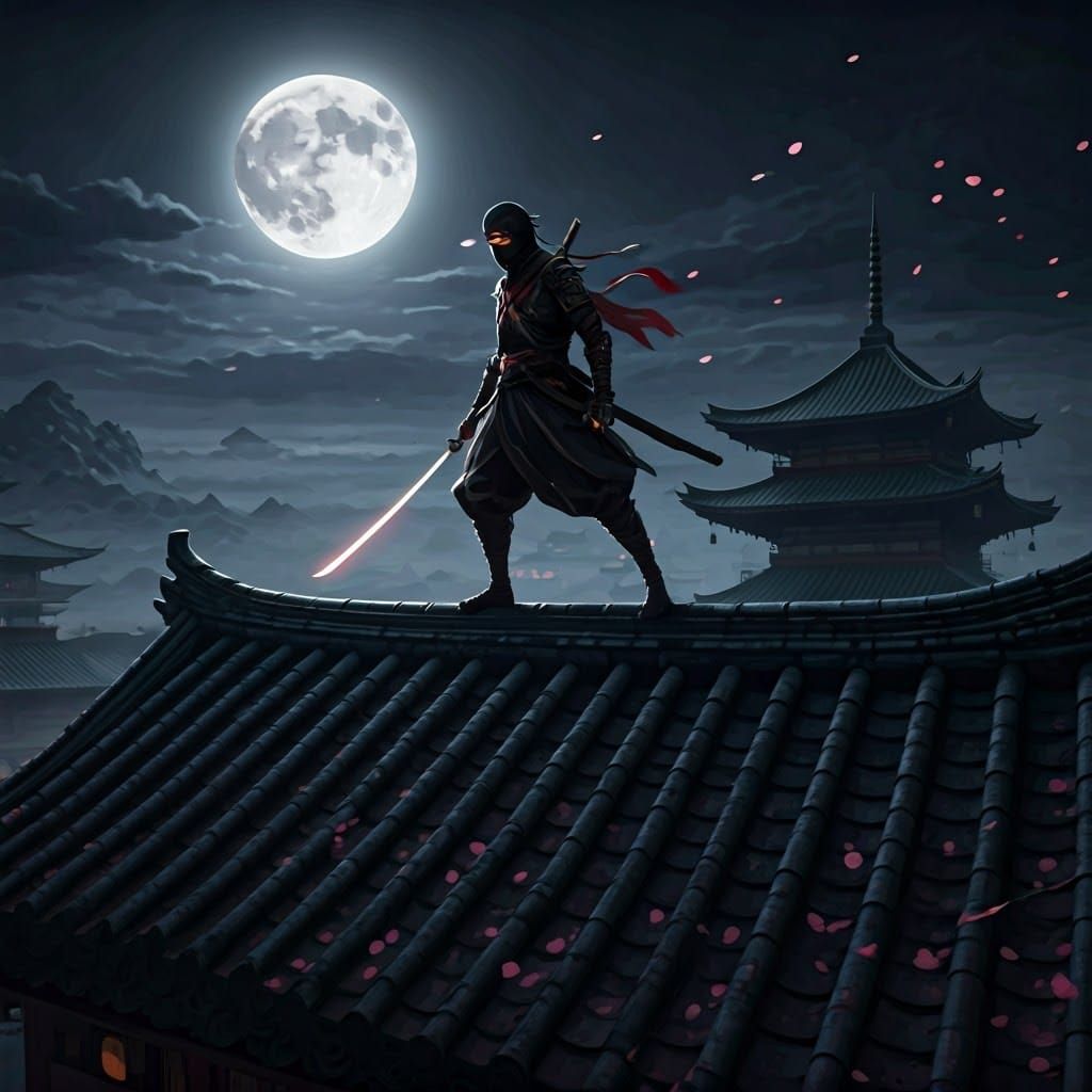 Ninja on Rooftop Under Moon in Cinematic Style
