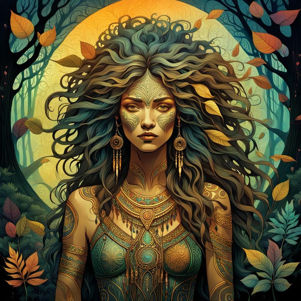 Mystical Woman in Glowing Forest, Art Nouveau Style