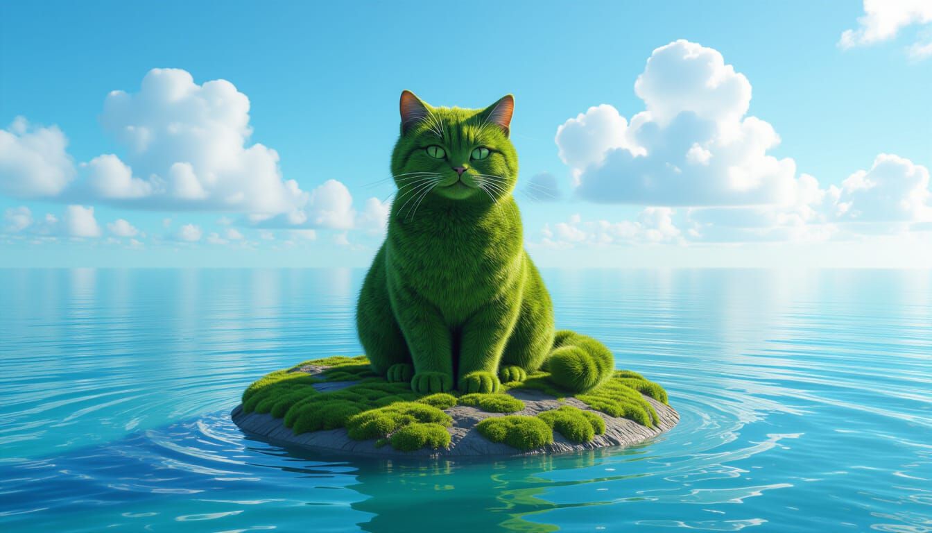 Moss Cat Island Aerial View, Photorealistic Style