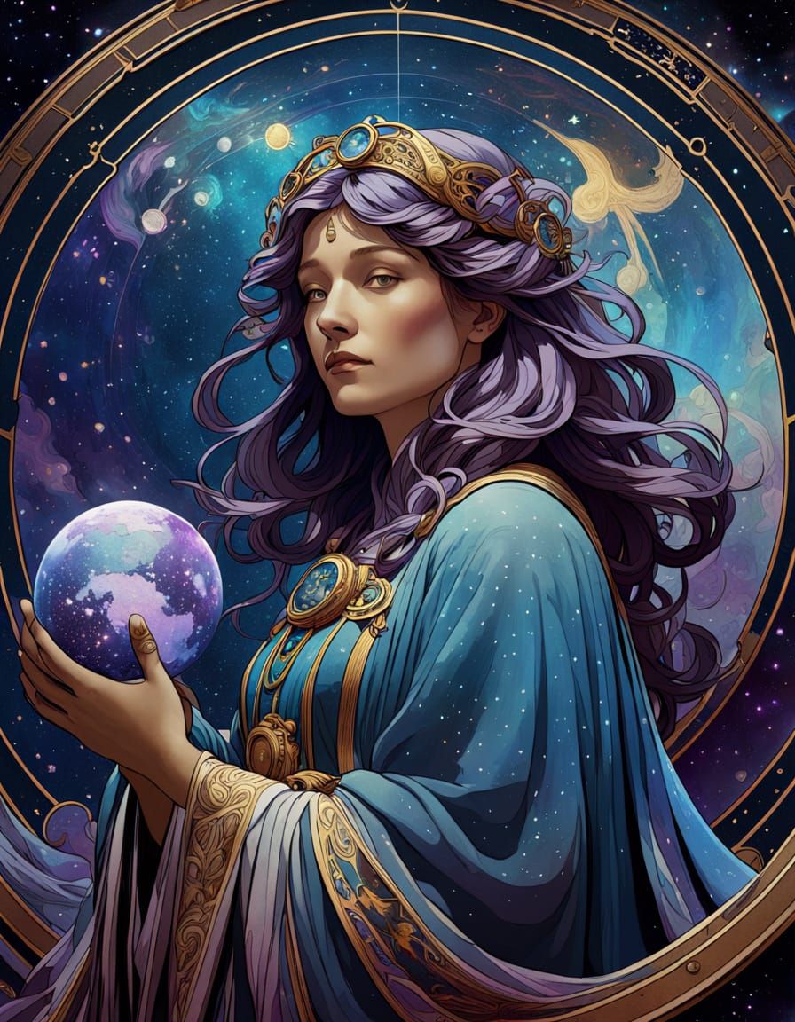 Celestial Cartographer in Nebula Observatory, Alphonse Mucha...