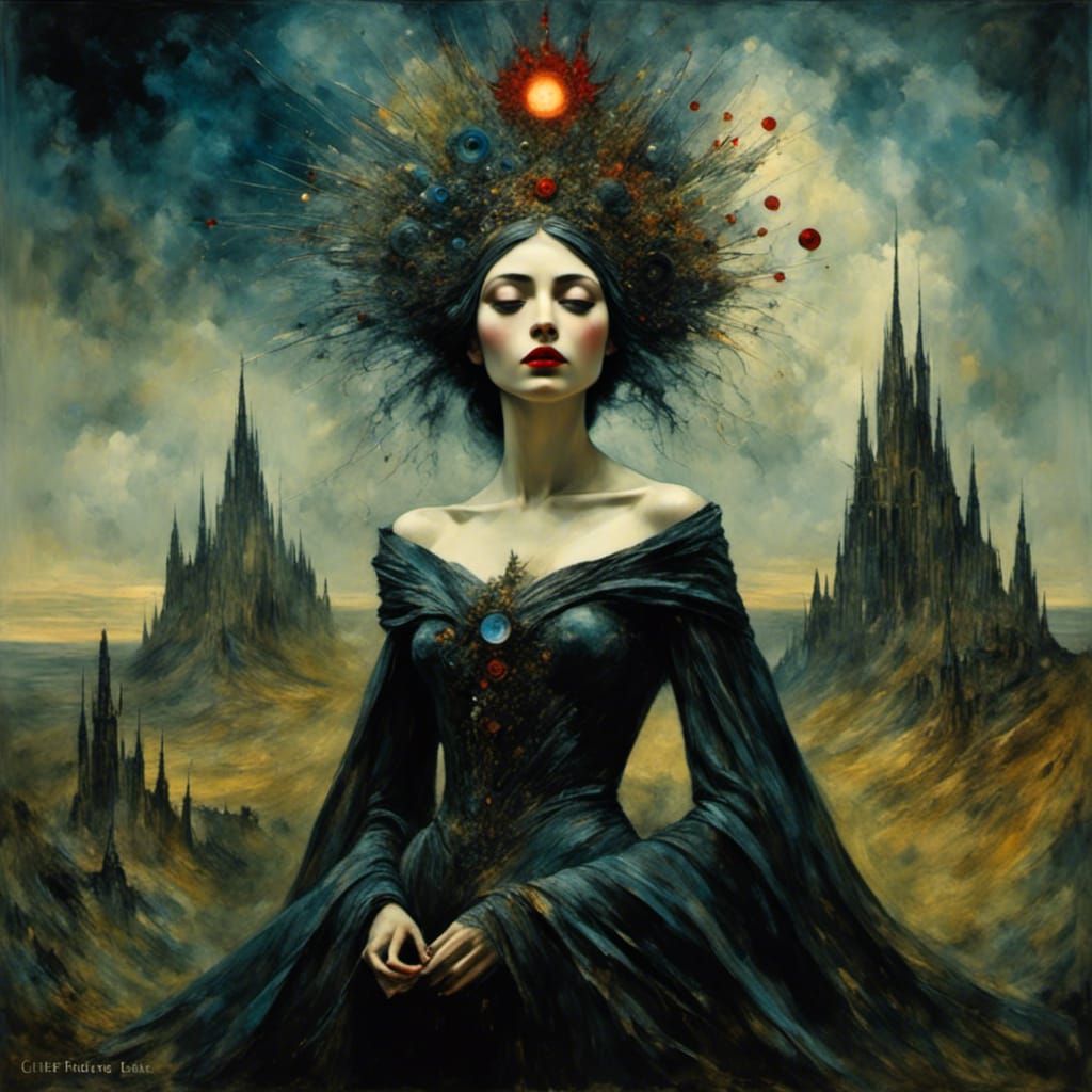 Whimsical Witch Casting Spells During Fiery Eclipse