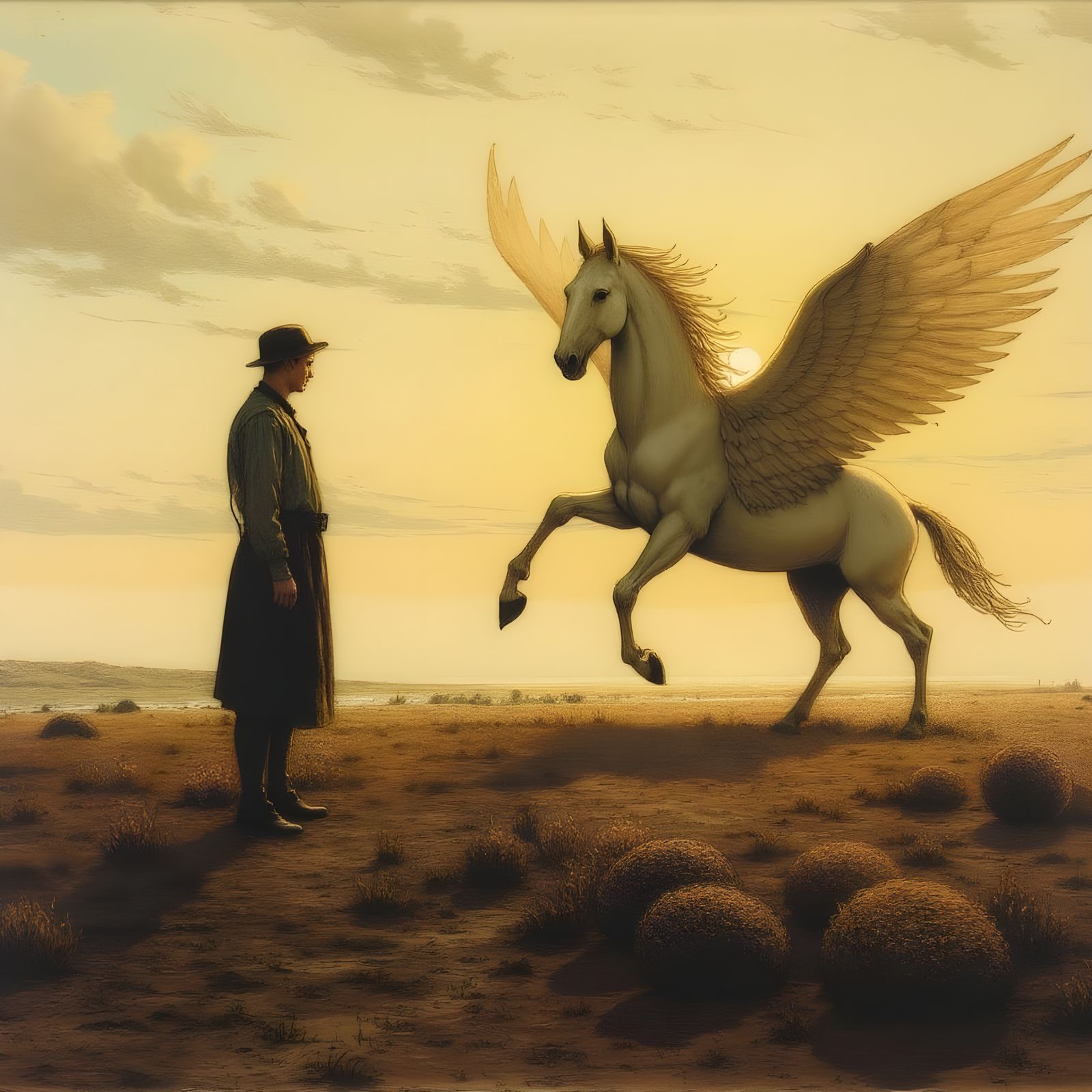 Lone Figure and Pegasus in Golden Solitude