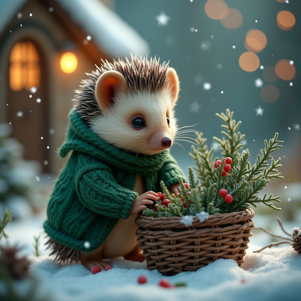 Hedgehog Gathering Winter Greens in Snowy Woods