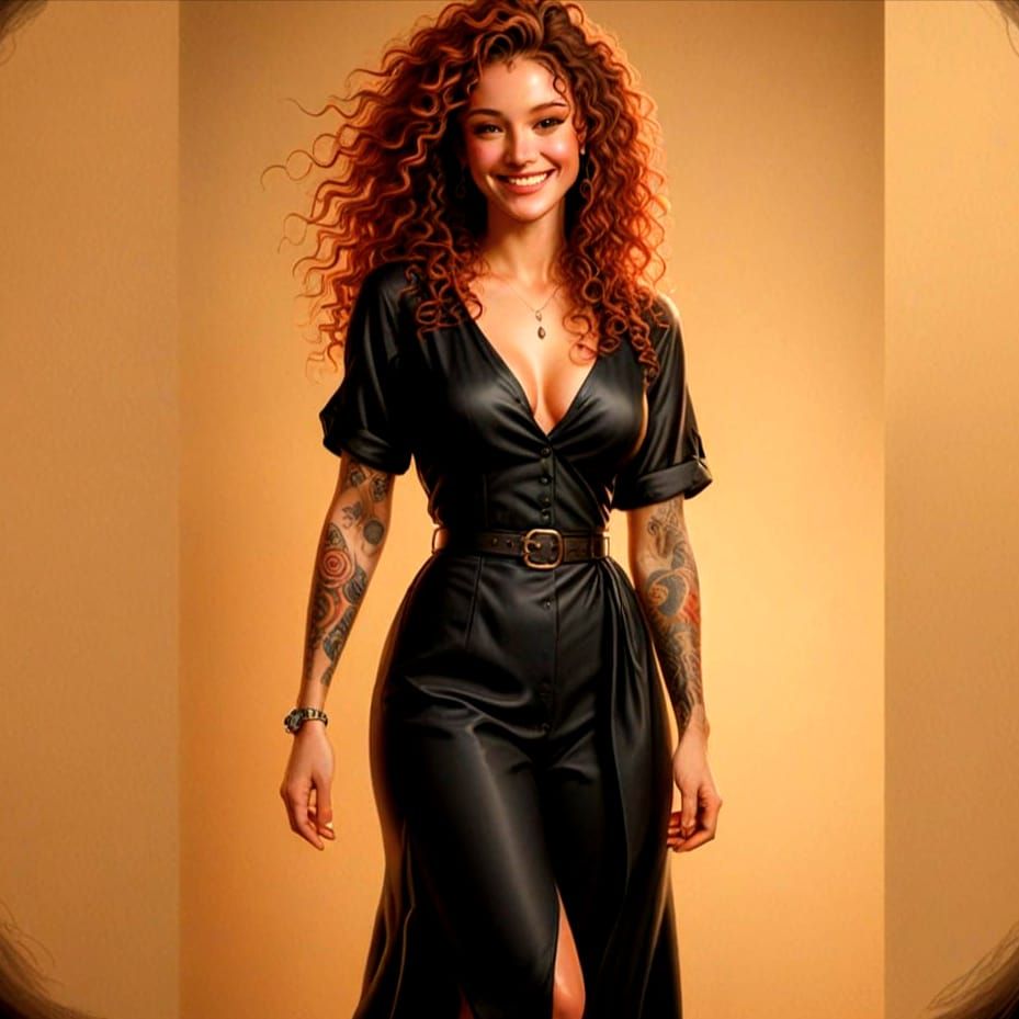 Elegant Lady with Intricate Tattoos and Wild Hair