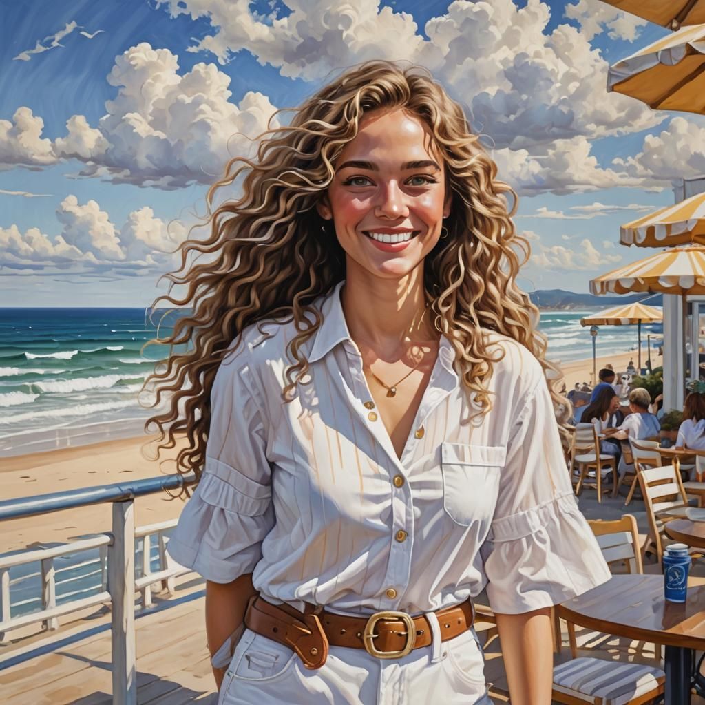 Smiling Woman Portrait at Beach Cafe in Hyperrealism