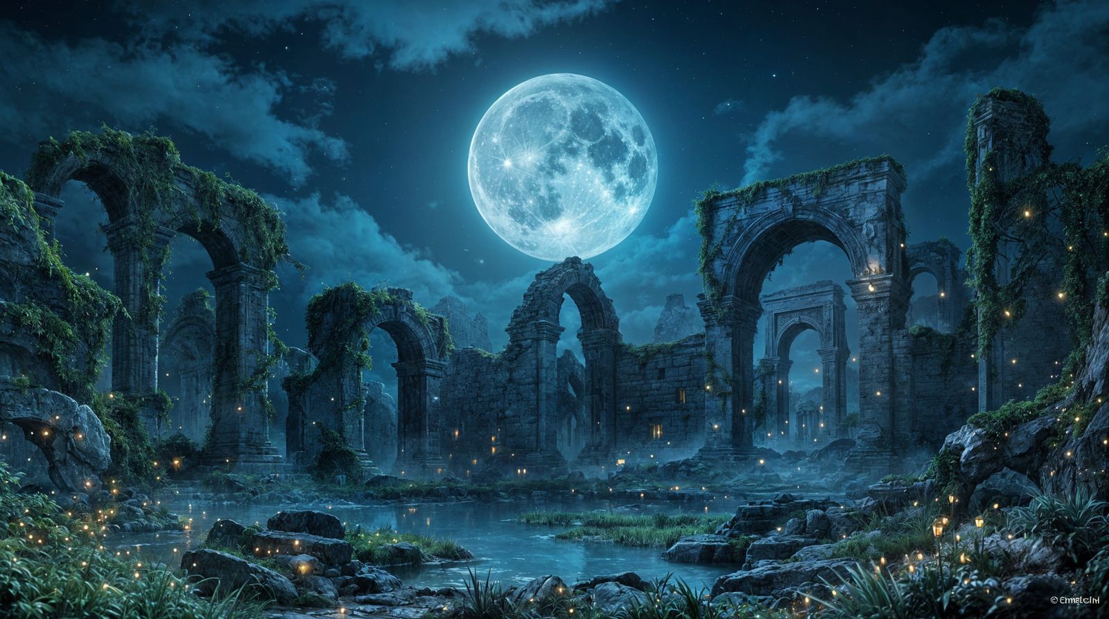 Moonlit Ruins in a Dreamlike Landscape