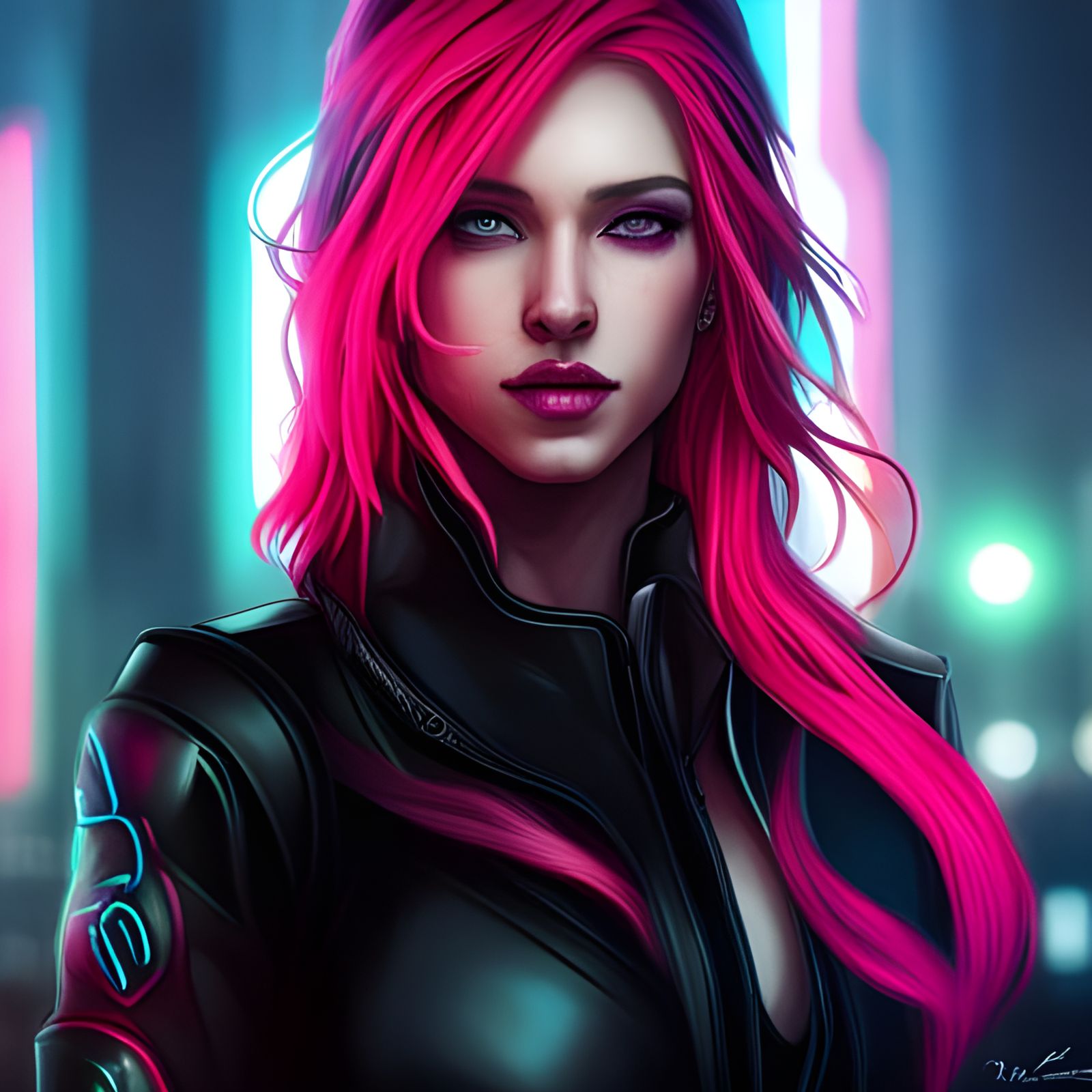Cyberpunk Goddess with Neon Pink Hair in Cityscape