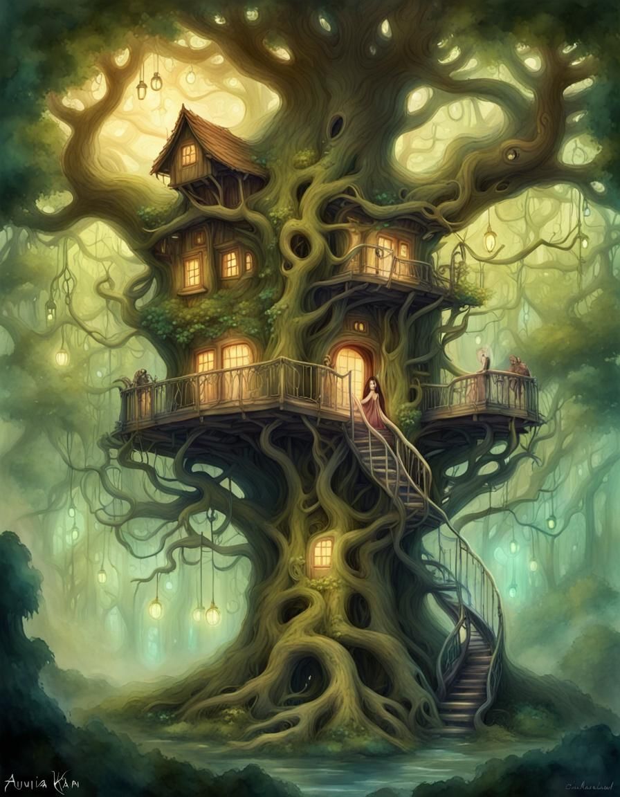 Enchanted Forest Treehouse: Pop Surreal Digital Painting