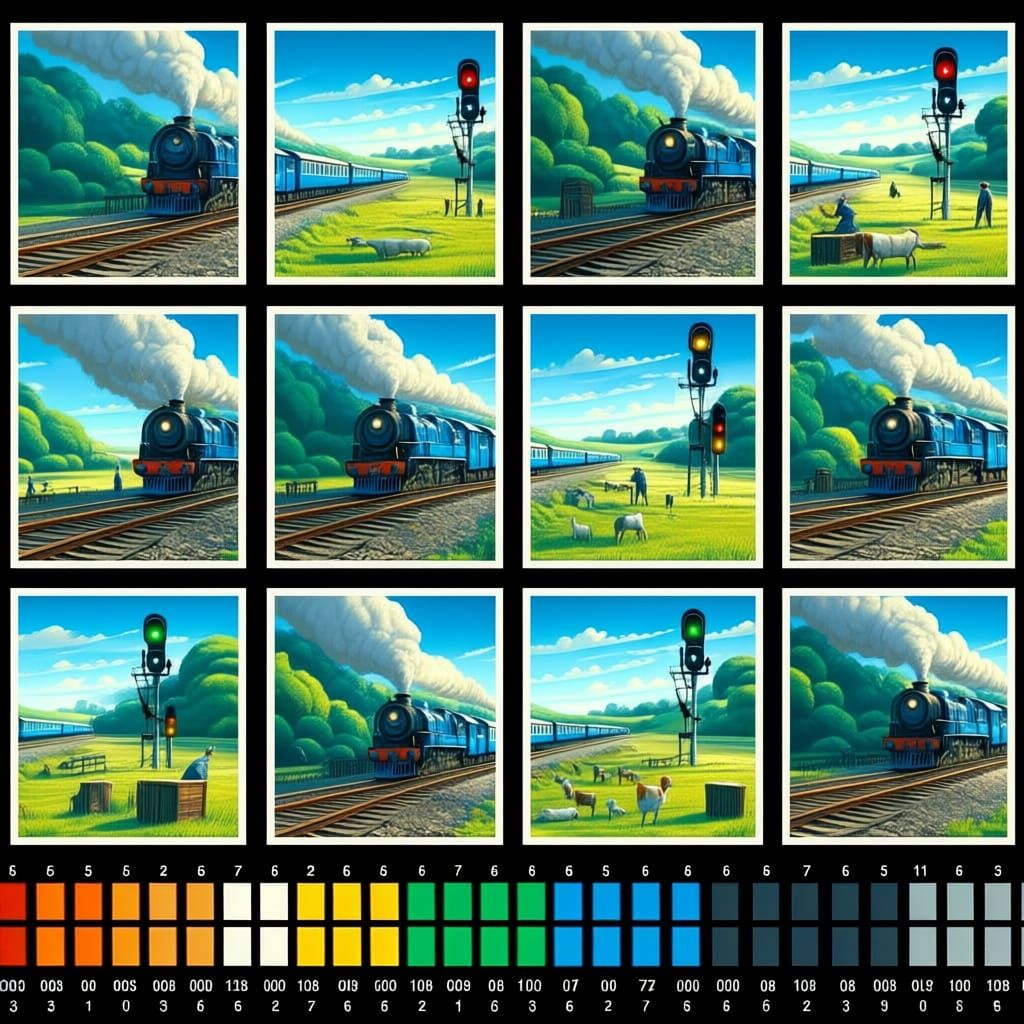 Blue Train Progresses Through Pastoral Station