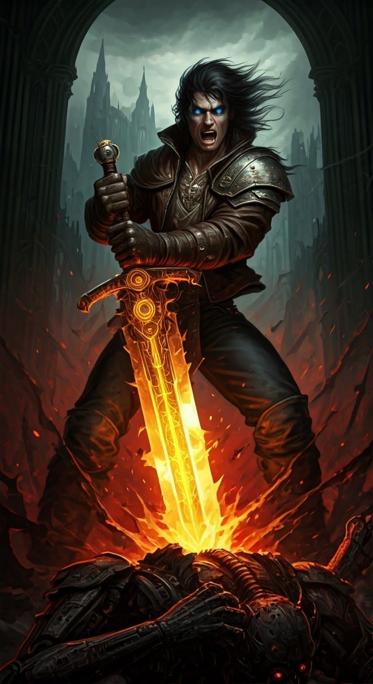 Epic Dark Fantasy Hero in Post-Apocalyptic Ruins