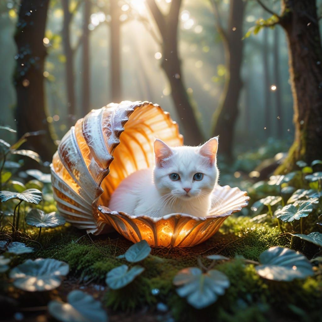 White Kitty's Seashell Dinner: A Vibrant Oil Painting