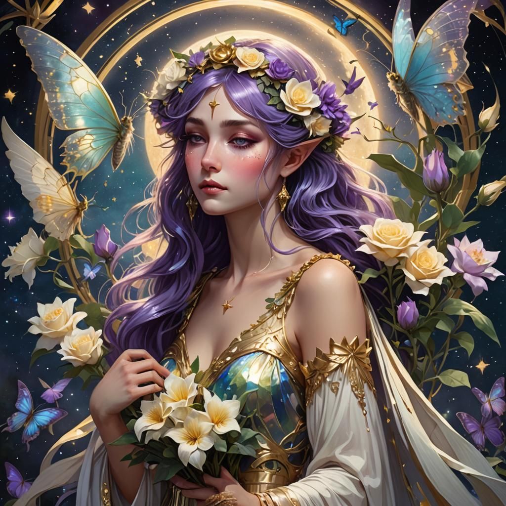 Weeping Fairy with Roses Under Radiant Moon