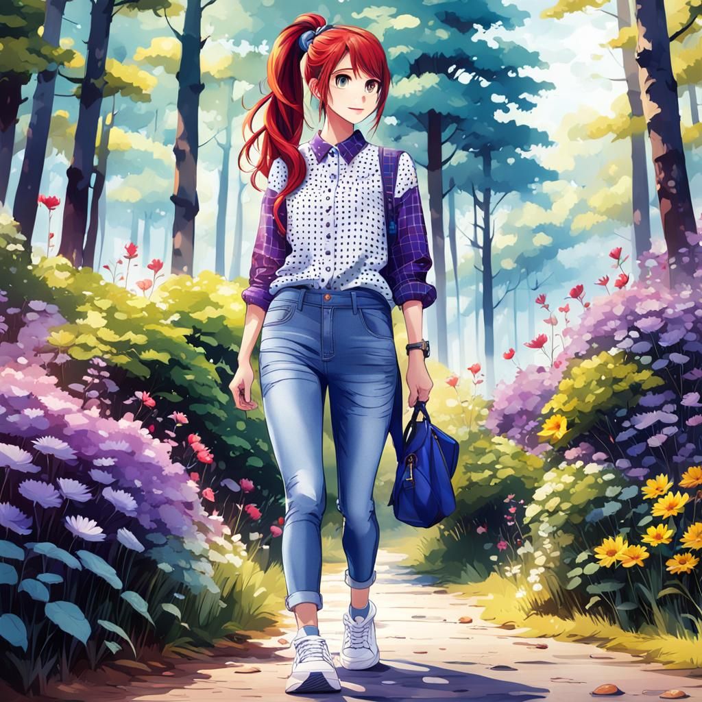 Woman with Red Hair in Blue Forest