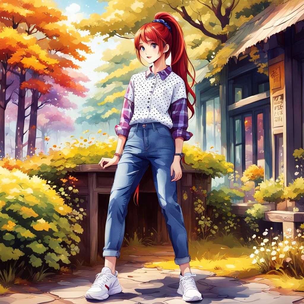 Woman with Red Hair in a Blue Flower Forest