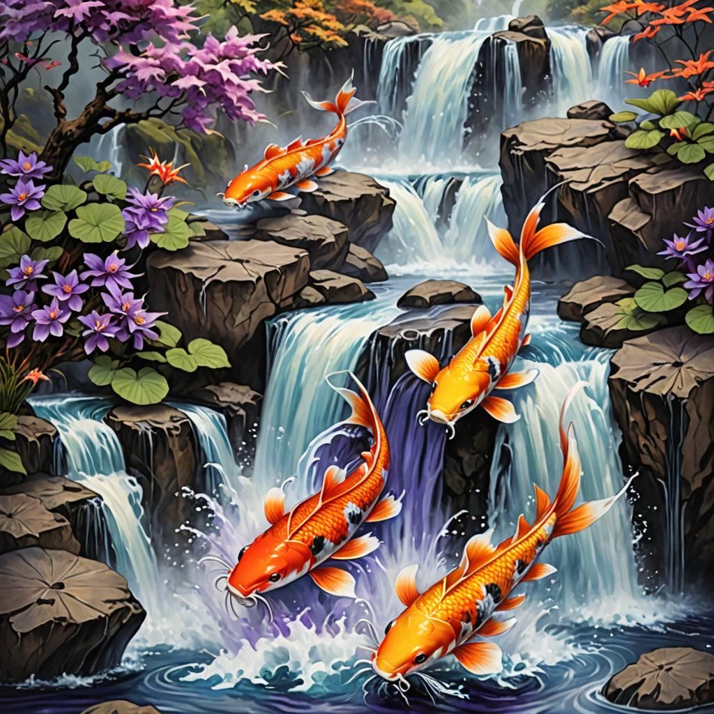 Koi Fish Ascending Waterfall with Dragon